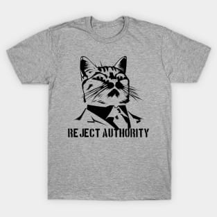 Reject Authority Cat (Black Pattern and Text) T-Shirt